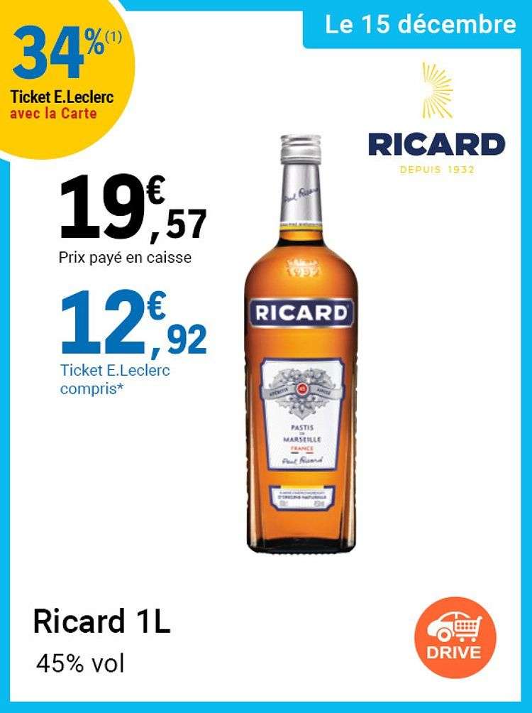 Bouteille de Pastis de Marseille Ricard - 45% vol, 1L (Via 6,65€ sur la  carte fidélité) –