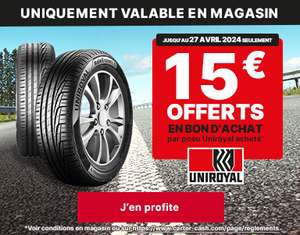 15€ offerts en bon d'achat par pneu Uniroyal acheté - Ex : Lot de 2 pneus Rainsport 5 - 225/45 R17 91Y (+ 30€ en bon d'achat)