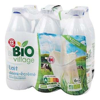 Lot de 6 bouteilles de lait bio demi-écrémé Bio Village - 6x1L (Paridis 44)