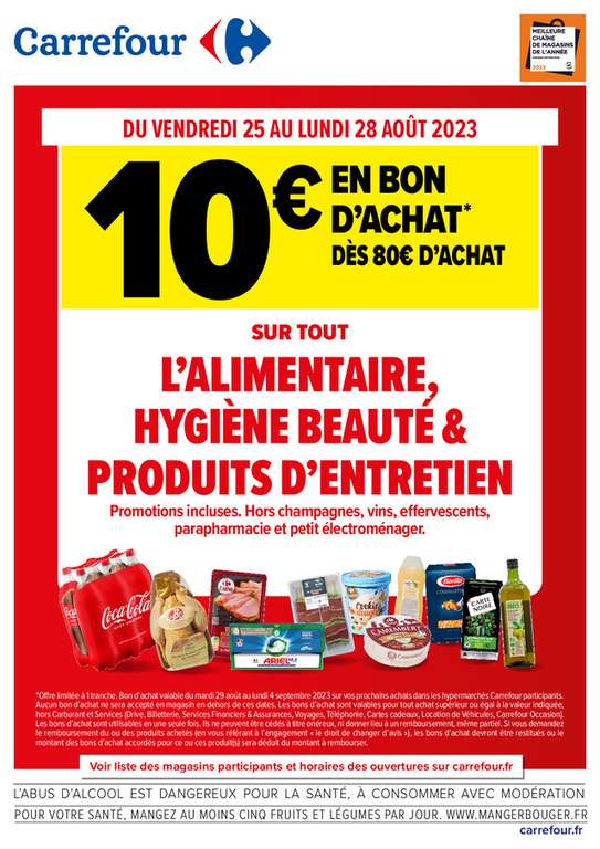 10€ offerts en bon d'achat dès 80€ d'achat sur tout l'alimentaire, Hygiène Beauté & Produits d'entretien (Promotions incluses)