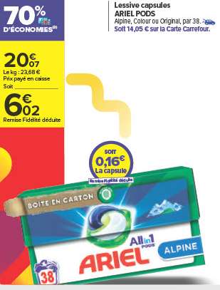 Paquets de lessive Ariel Pods x38 - Différentes variétés (via 14,05€ sur carte de fidélité et ODR 8,03€)
