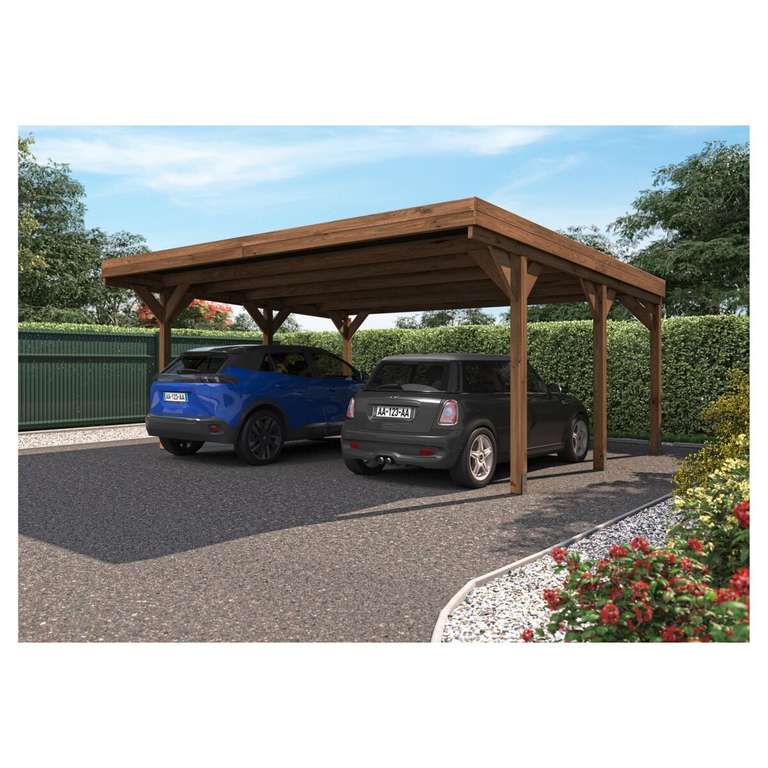 Carport bois traité autoclave 2 voitures Forest Style - 30,9 m² + Lot de 6 Supports de fixation offerts