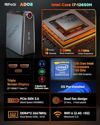 Mini PC Intel Core i5-12450H (jusqu'à 4,40 GHz), 16Go (8Go*2) DDR4