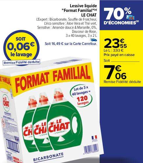 Lot de 3 bidons de lessive liquide Le Chat Format Familial - 3x40 lavages, 6 L, différents types (via 16.49€ sur la carte de fidélité)