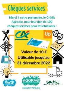 [Étudiants] Distribution gratuite de 100 chèques services d'une valeur de 10€ aux étudiants de l'Université Clermont Auvergne (63)