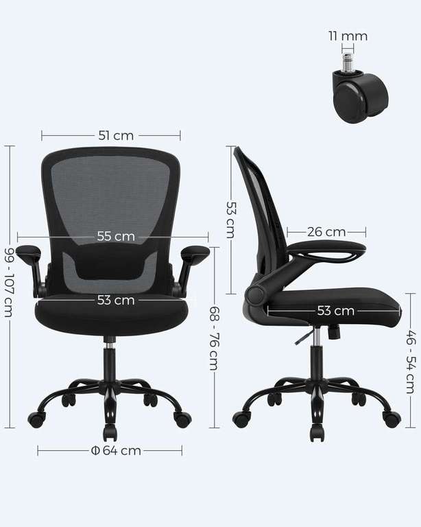 Chaise de bureau ergonomique Songmics OBN37BK- Support lombaire, Dossier textilène, Accoudoirs rabattables, Noir, 66x 60x 107 cm