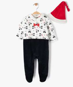 Ensemble Disney bébé 2 pièces : pyjama en velours + bonnet Mickey - blanc, Plusieurs Tailles Disponibles