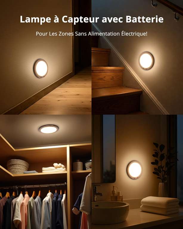 Plafonnier LED à Détecteur De Mouvement Rechargeable USB - Sans Fil, Télécommande, 3 Températures De Couleur