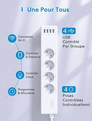 Multiprise connectée WiFi Meross (10A 2400W) - 4 Prises FR (Type E) + 4 USB (Compatible Alexa, Google Home et SmartThings)