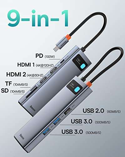 Hub USB Type C Baseus - Double Moniteur Adaptateur USB C, 2 ports HDMI 4K, 100W , 3 ports USB (Via coupon - Vendeur tiers)