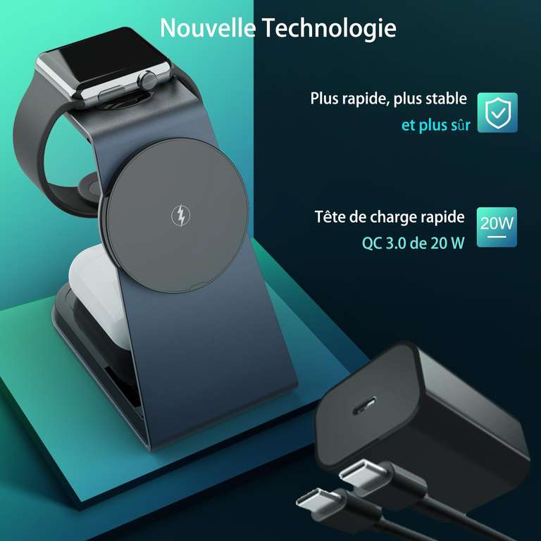 Chargeur induction 3 zones (iPhone / Apple Watch / Airpods) 15W Oramkyo + chargeur secteur USB-C QC 3.0 20W avec câble USB-C (vendeur tiers)