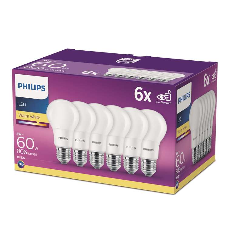 Pack de 6 Ampoules Philips Lighting LED Standard E27 60W Blanc Chaud Dépolie (Via coupon)