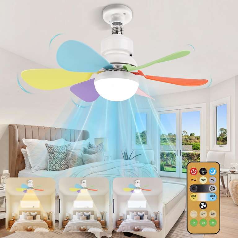 Ventilateur Plafond 46cm Avec Lumière Et Télécommande - 3 Vitesses 3 Couleurs Blanc