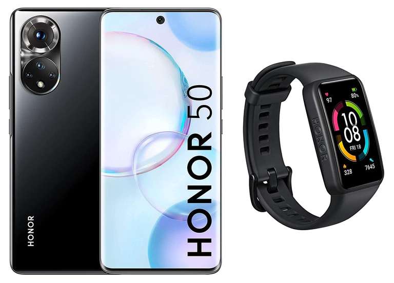 Smartphone 6.57" Honor 50 (Amoled FHD+ 120 Hz, Snapdragon 778G, RAM 6 Go, 128 Go, 108 MP, Charge 66W) + Bracelet connecté Honor Band 6