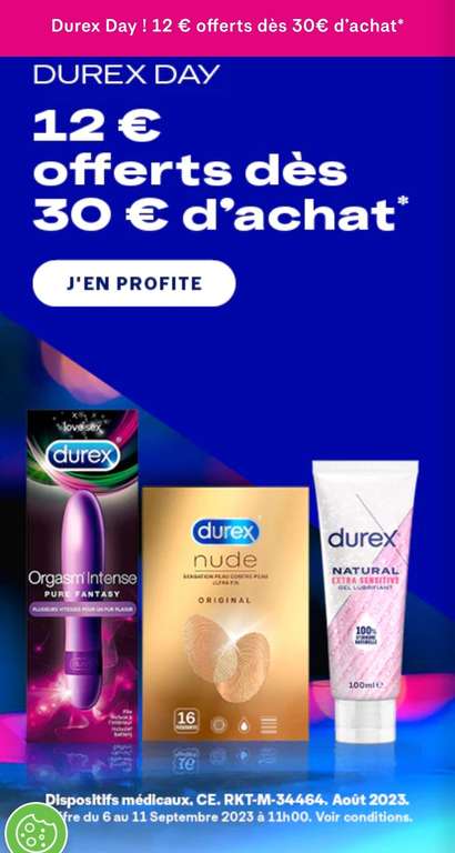 12 euros offerts des 30 euros d'achat sur le site Durex.