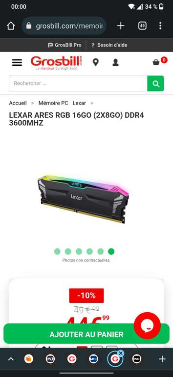 Kit Mémoire RAM Lexar Ares RGB 16 Go (2X8Go) DDR4 3600MHZ (LD4BU008G-R3600GDLA)
