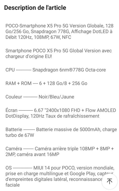 Smartphone 6.67" Xiaomi Poco x5 pro 5G - 128Go de ROM, 6Go de RAM