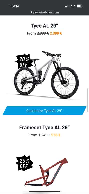 Sélection de Vélos en promotion - Ex: Tyee AL 29″ (propain-bikes.com)