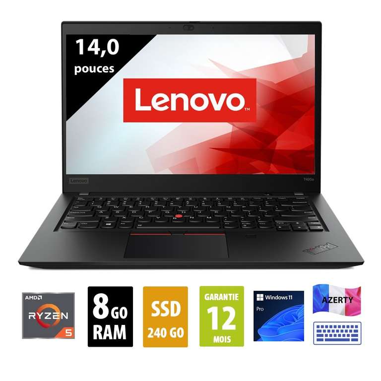 PC Portable 14" Lenovo ThinkPad T495s - FHD, Ryzen 5 PRO 3500U, RAM 8Go, SSD 240Go, Vega 8, USB-C, Windows 11 Pro (Reconditionné - Grade B)