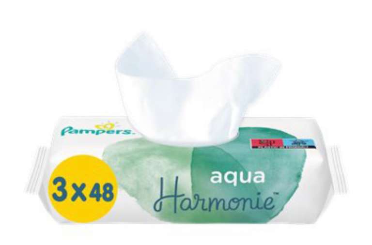 Lot de 3 paquets de 48 Lingettes Pampers Aqua Harmonie - En coton bio 99% d’eau sans parfum