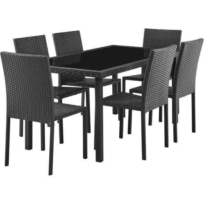 Ensemble repas de jardin - table en verre trempé et 6 chaises en résine tressée noir [MEMBRE 15% cagnotter]