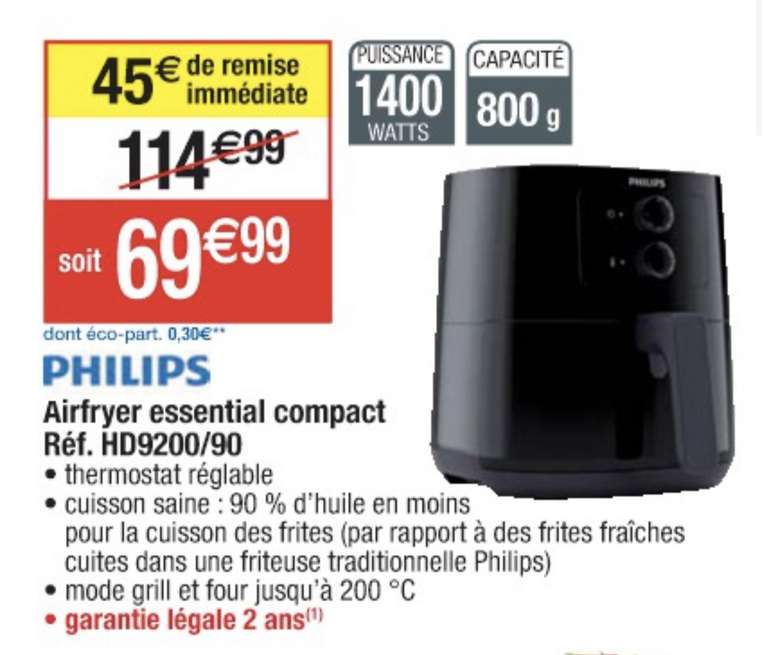 Friteuse sans huile Philips Essential Airfryer HD9200/90 - Technologie Rapid Air (via ODR de 20€ + 20€ offerts de produits McCain)