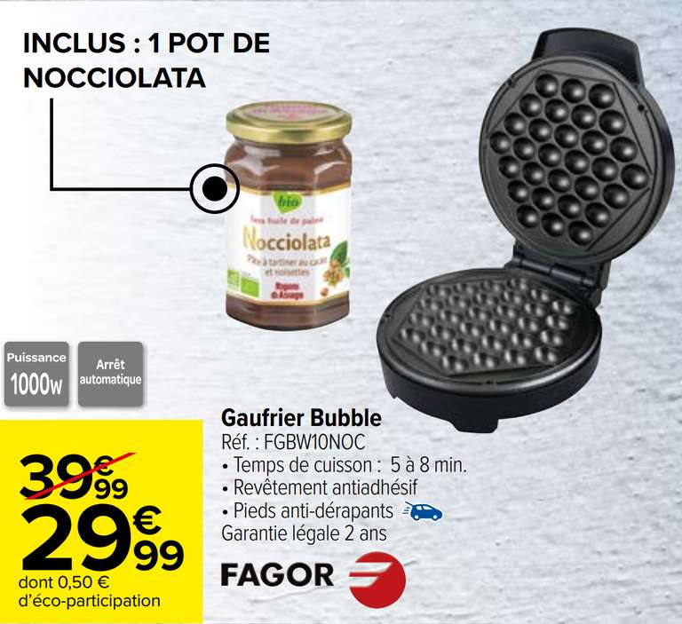 Gaufrier Bubble Fagor FGBW10NOC - 1000W + 1 pot de Nocciolata