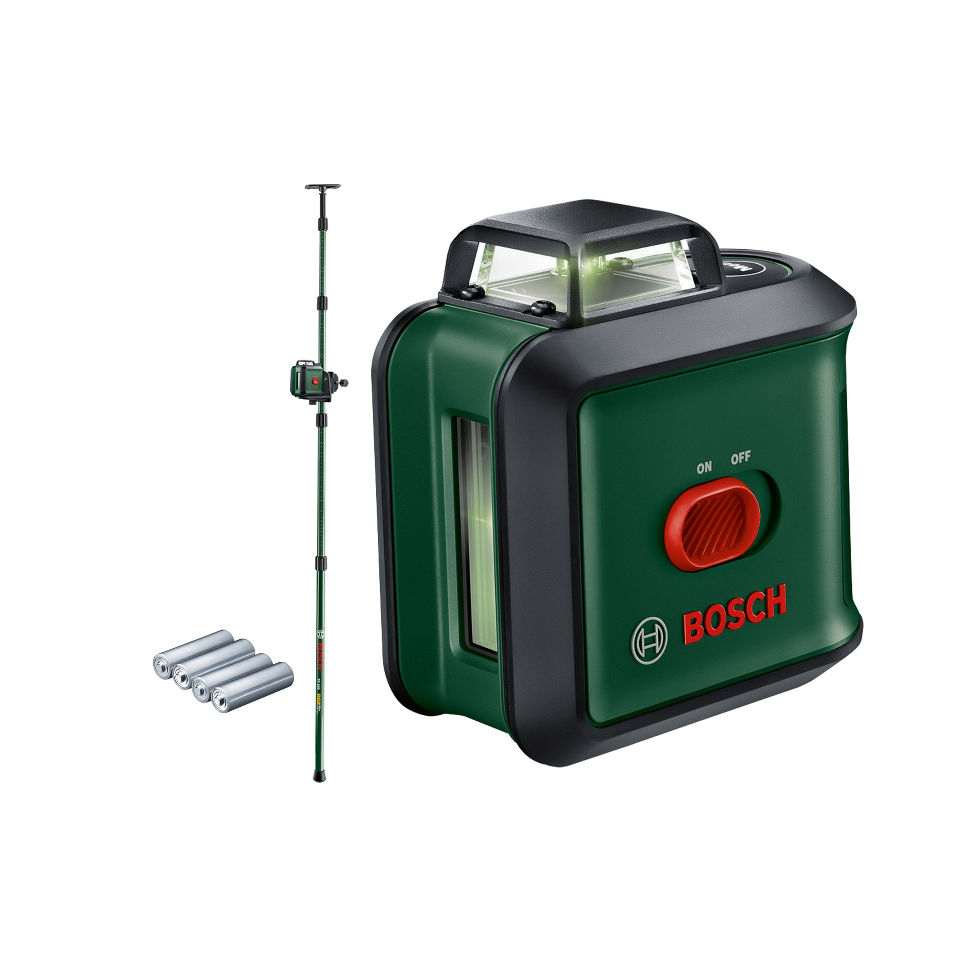 Bosch niveau laser UniversalLevel 360 avec trépied et pince laser vert, portée : jusqu’à 24 m, précision : ± 0,4 mm, auto-nivellement : jusqu’à ± 4°, 4x piles AA, dans une boîte en car 